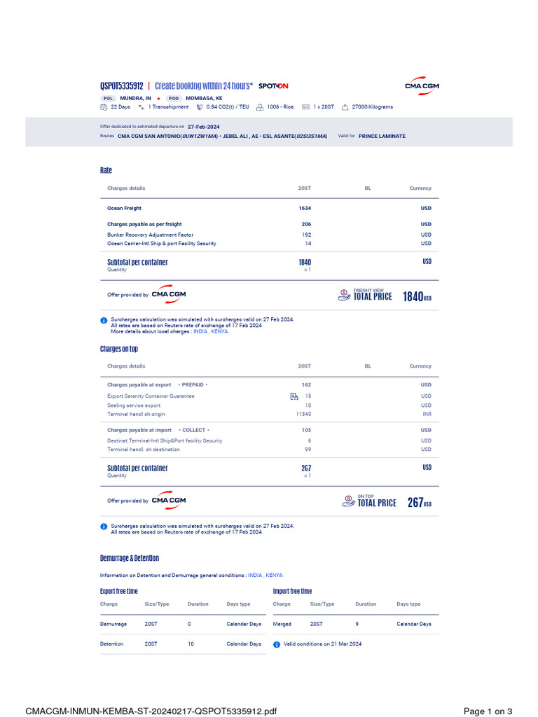 CMA CGM Shipping Quote: India to Kenya | PDF | Cargo | Economies