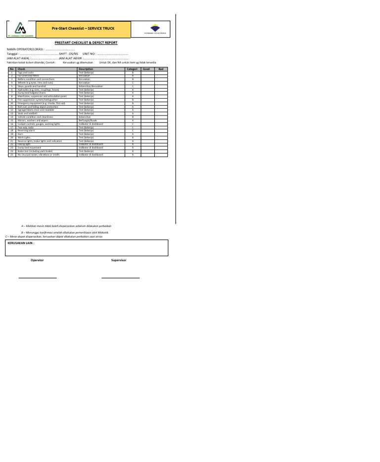 Check List Service Truk | PDF