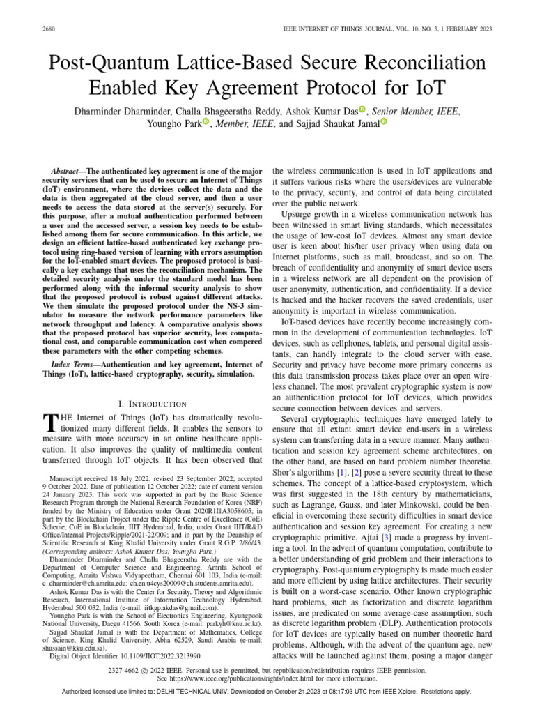 Post-Quantum Lattice-Based Secure Reconciliation Enabled Key Agreement ...