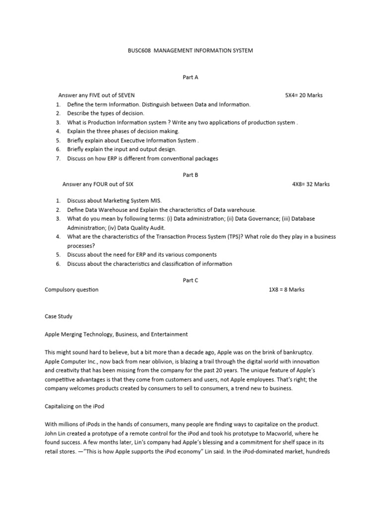 Management Information System Question Paper | PDF | I Phone | I Pod