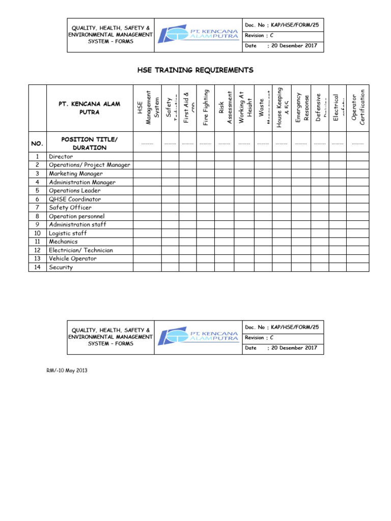 KAP - HSE - FORM - 25 - HSE Training Requirements | PDF | Safety