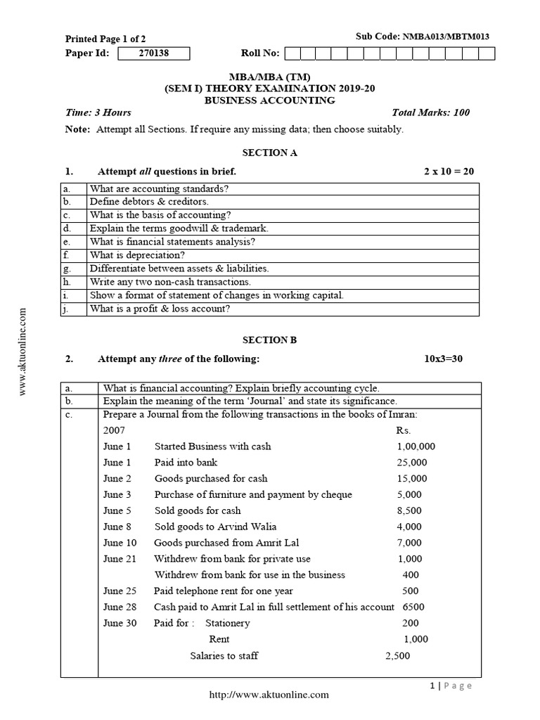 MBA Business Accounting Exam Paper 2019 | PDF | Corporations ...