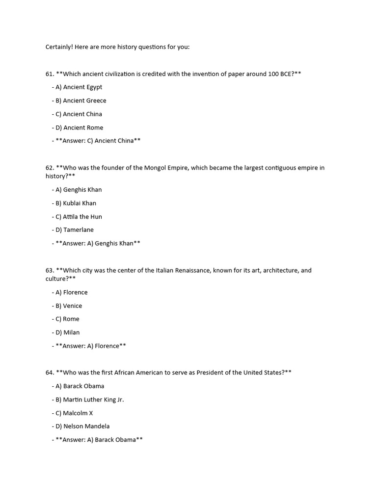 History Quiz Questions and Answers | PDF