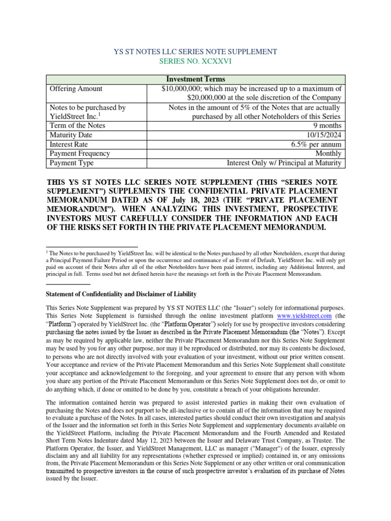 YS ST Notes LLC Series XCXXVI Investment Terms | PDF | Interest | Investing