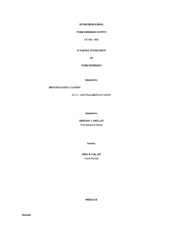 Senior High Work Immersion Guide | PDF | Curriculum | Cognition