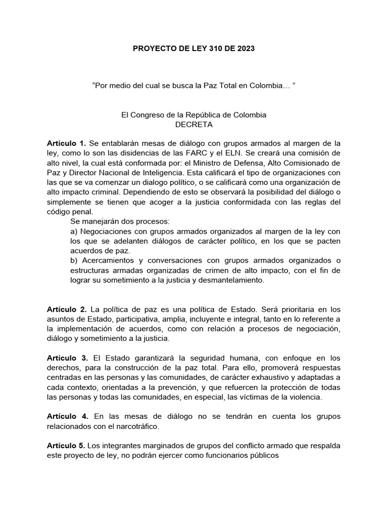 Proyecto de Ley 310: Paz Total en Colombia | PDF | Paz | Estado (política)