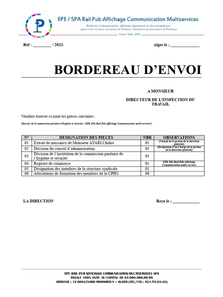 Modèle de bordereau d'envoi 2023 | PDF