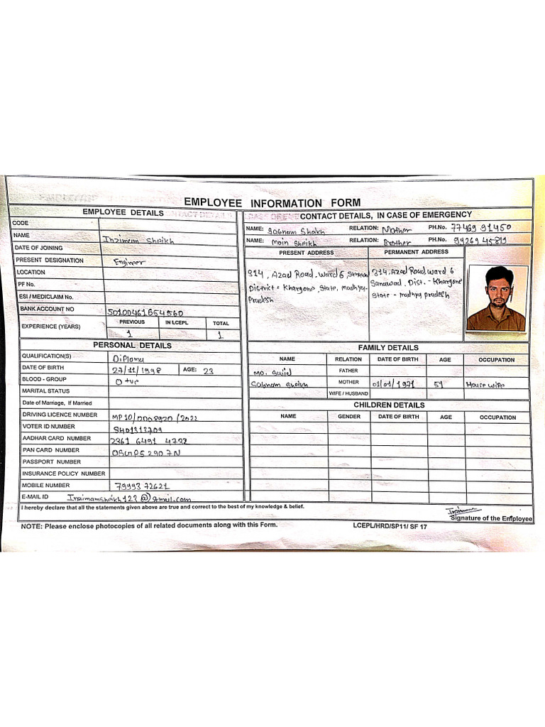 Employmee Information Card | PDF