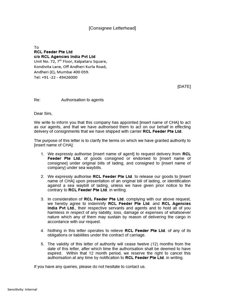 Authorization Letter for RCL Feeder | PDF | Bill Of Lading | Legal Concepts