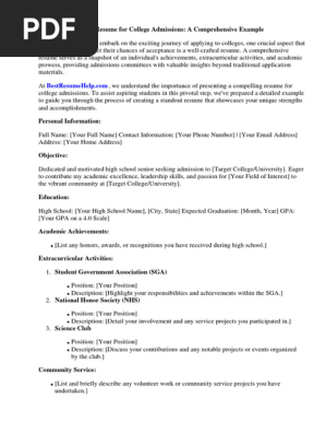 Resume for College Admissions Example