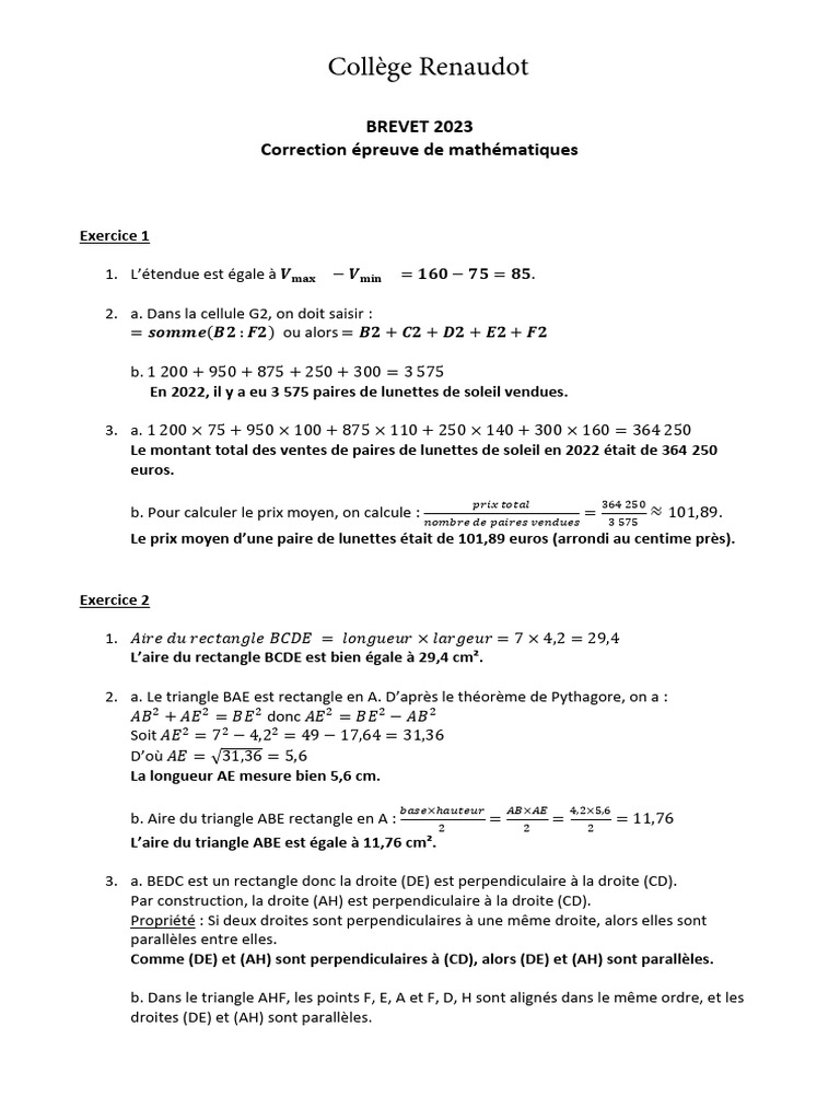 Corrige Brevet Maths 2023 Complet PDF