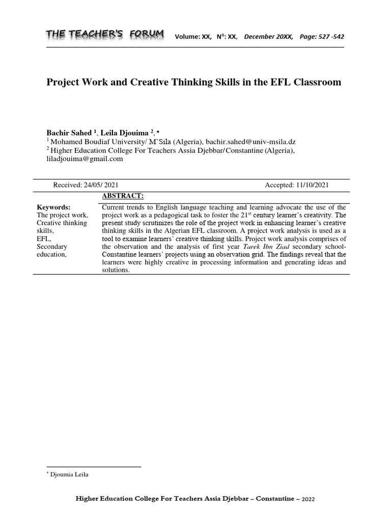 Project work and creative thinking skills in the efl classroom
