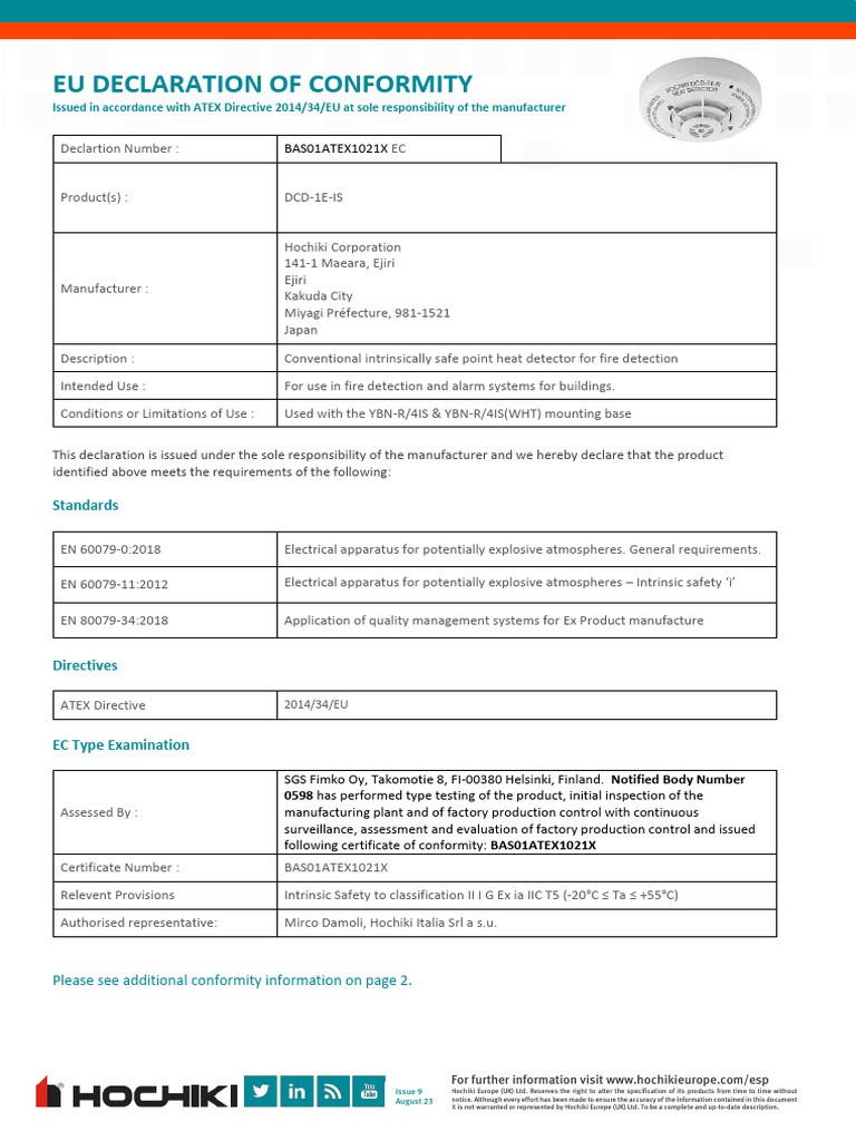Hochiki DCD-1E-IS ATEX Compliance Certificate | PDF | Business | Safety