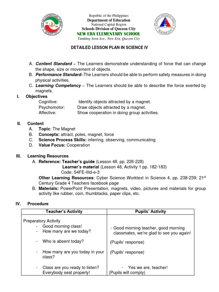 Grade 4 Magnetism Lesson Plan | PDF | Magnet | Learning