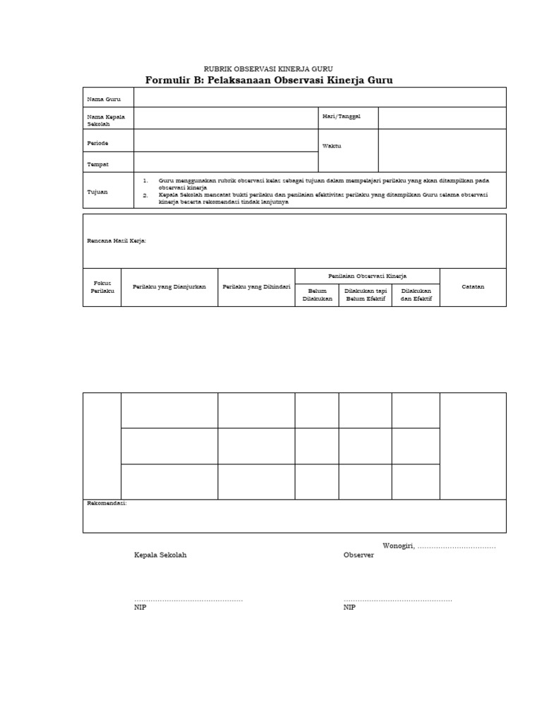 Formulir B Rubrik Observasi Kinerja Guru Pdf