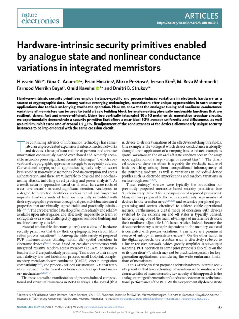 Memristor-Based Security Primitives | PDF | Electrical Engineering ...