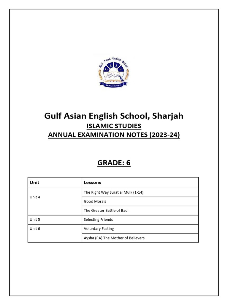Grade 6 Islamic Studies Exam Notes | PDF | Muhammad | Surah