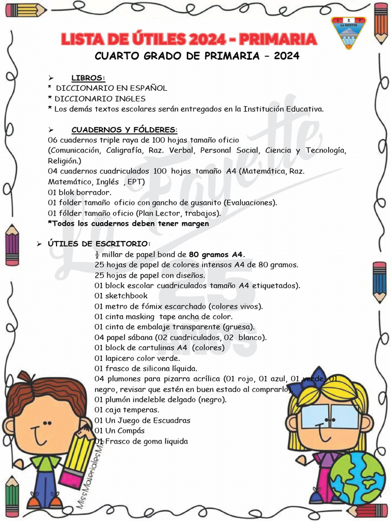 Lista de Útiles 4to Grado 2024 | PDF | Qualia | Materiales de ...