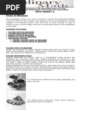 Culinary Math Info Sheet 2