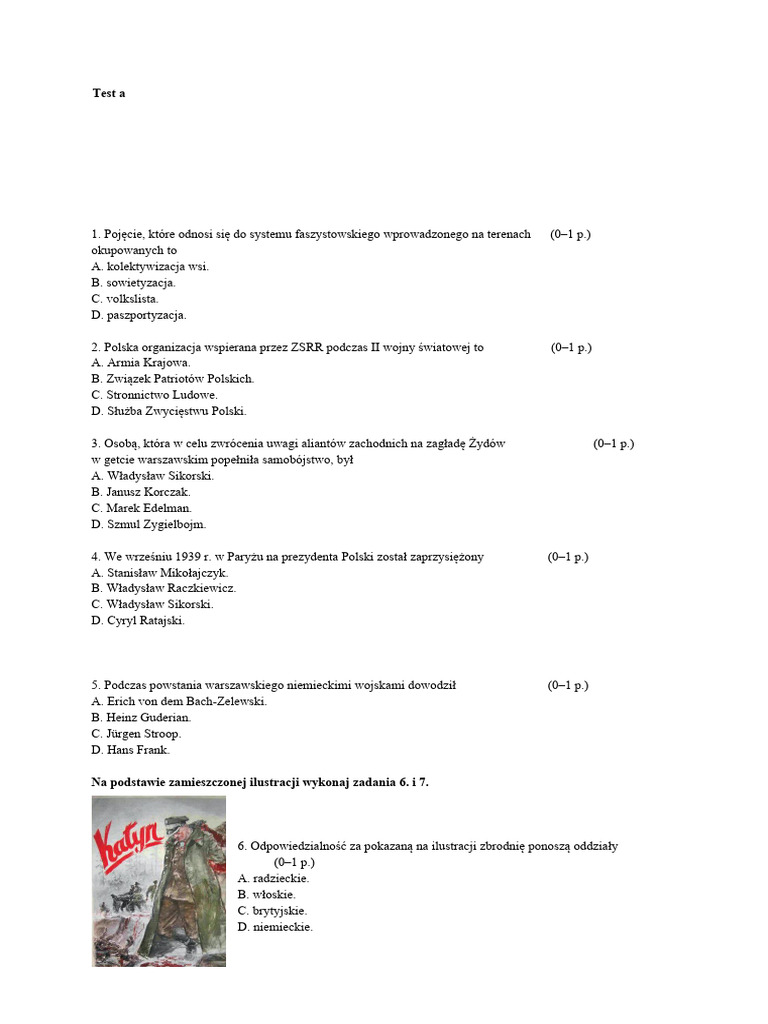 Polacy Podczas 2 Wojny światowej Sprawdzian Nowa Era PP r4 Test A Polacy Podczas II Wojny Swiatowej | PDF