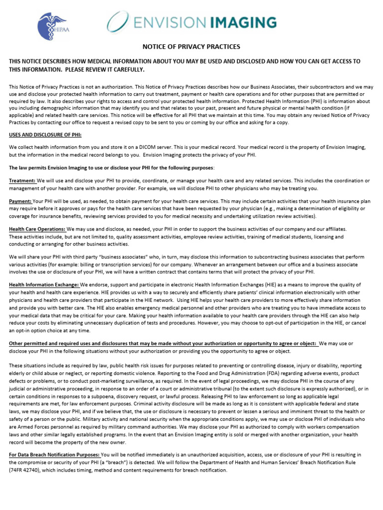 Envision Imaging Privacy Practice PDF Medical Record Discovery (Law)