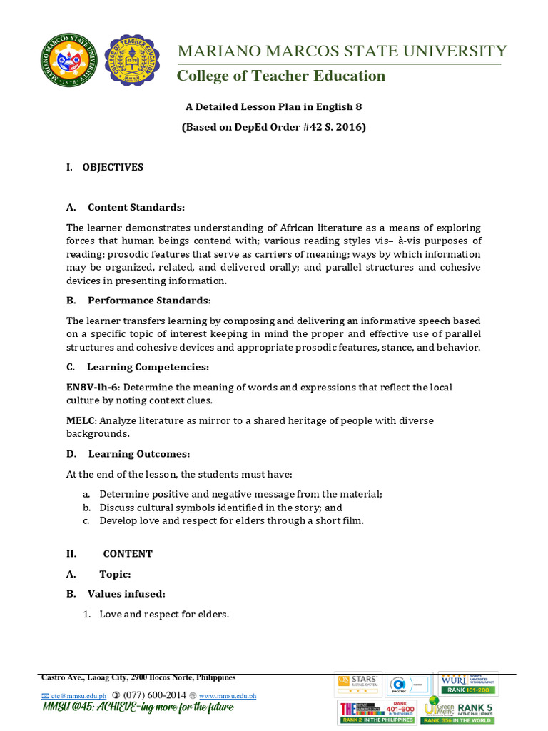 A Detailed Lesson Plan in English 8 | PDF | Learning | Lesson Plan