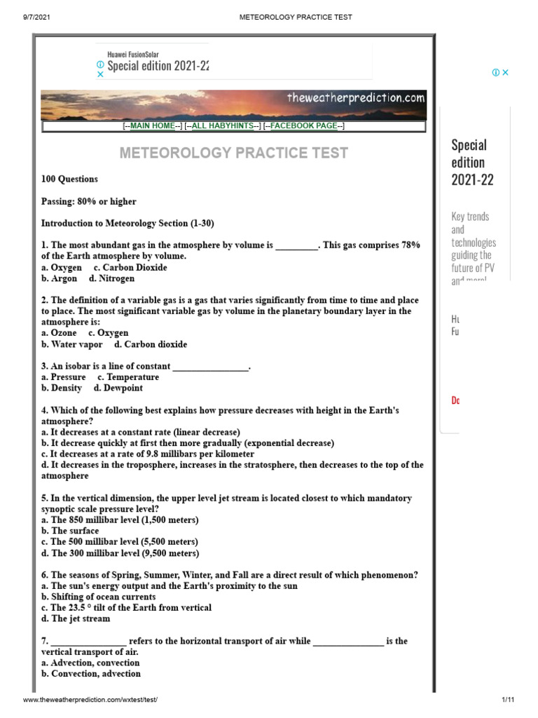 Meteorology Practice Test 2021-22 | PDF | Tropical Cyclones | Thunderstorm
