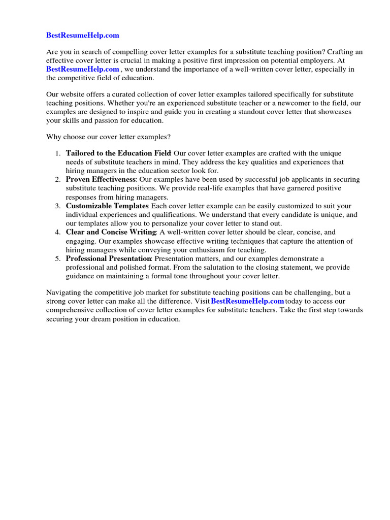 Cover Letter Examples For A Substitute Teaching Position | PDF ...
