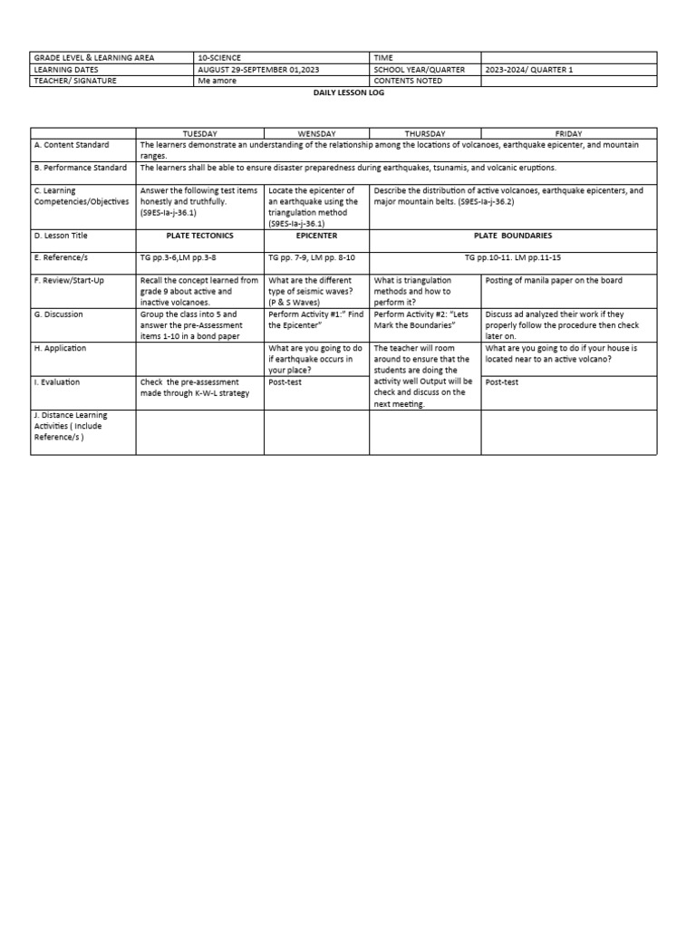 Grade 10 Science: Plate Tectonics Lesson | PDF