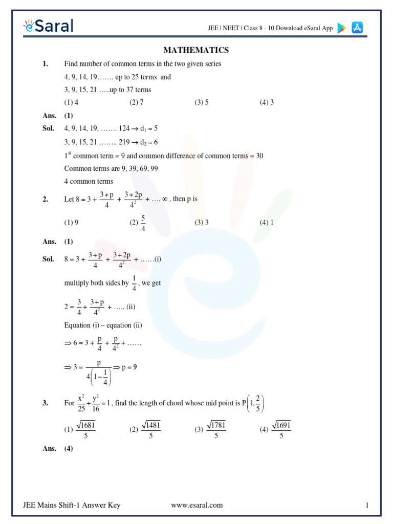 JEE Mains 2024 Mathematics Solutions | PDF | Applied Mathematics | Geometry