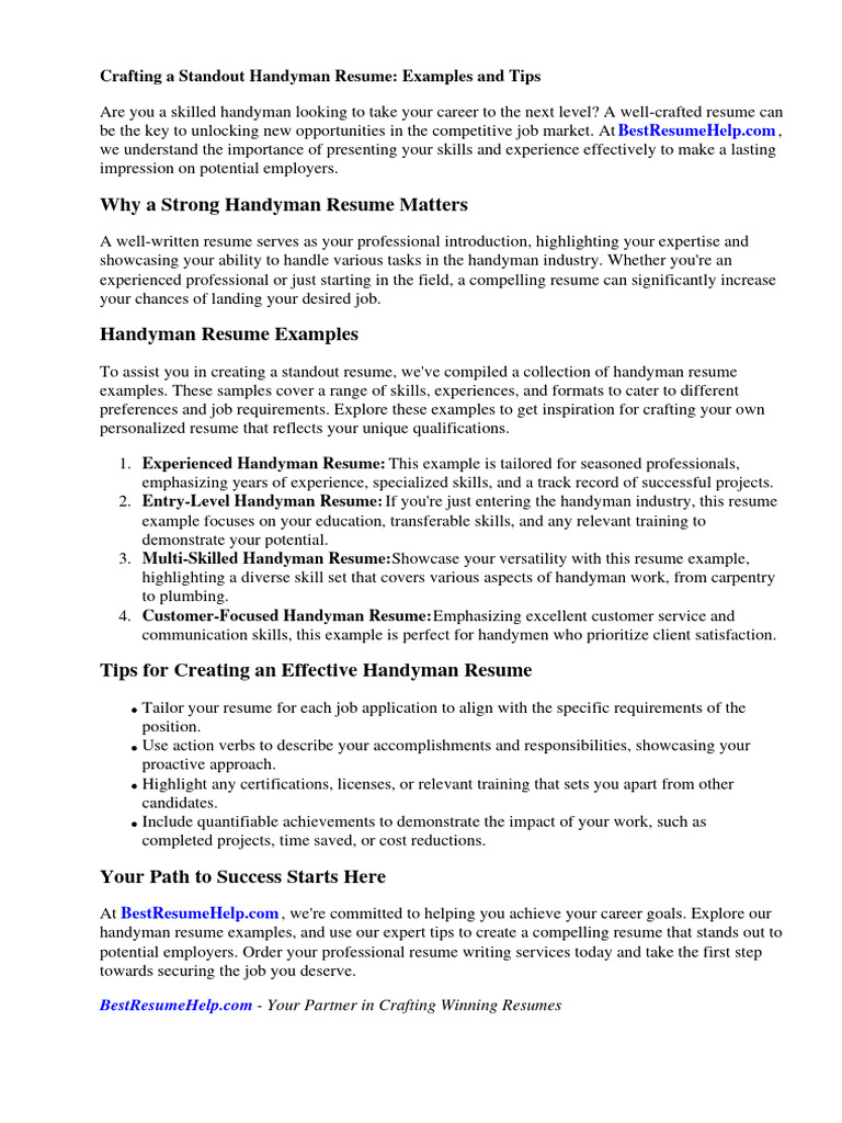Handyman Resume Examples PDF - 1710260765
