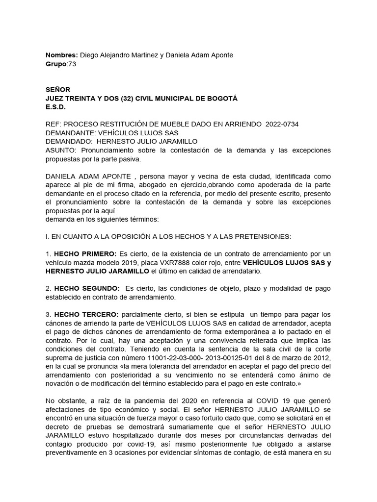 Contestacion Demanda Restitucion de Mueble | PDF | Consentimiento ...