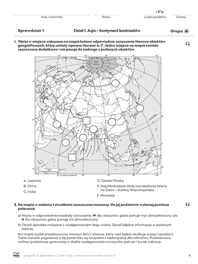Sprawdzian Klasa 8 Geografia Geografia Klasa 8 Sprawdzian Po Dziale 1 Wersja PDF | PDF