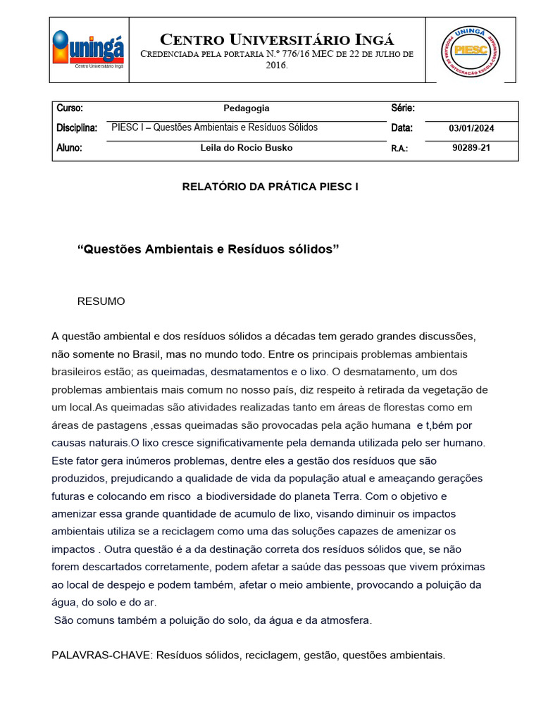 Questões Ambientais e Resíduos Sólidos | PDF
