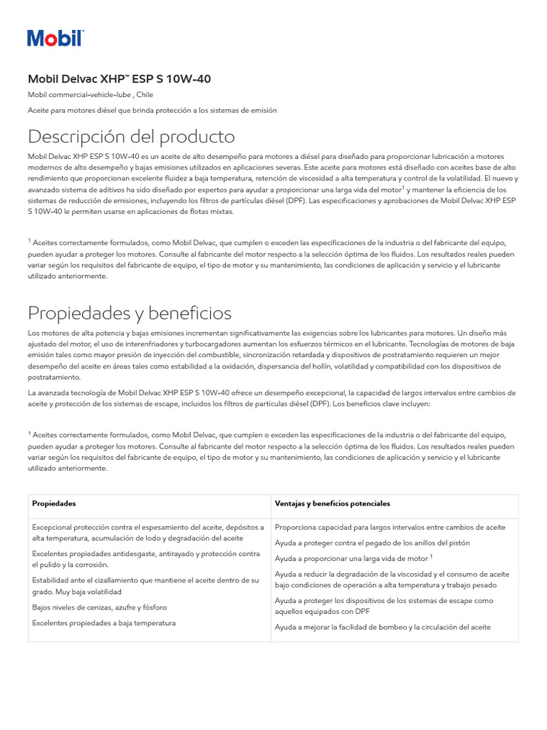 Mobil Delvac XHP Esp S 10w-40 | PDF | Lubricante | Motor diesel