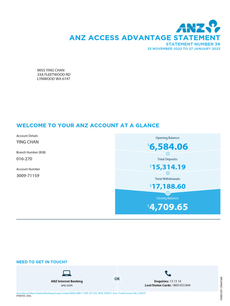 ANZ Access Advantage Account Statement | PDF | Password | Personal