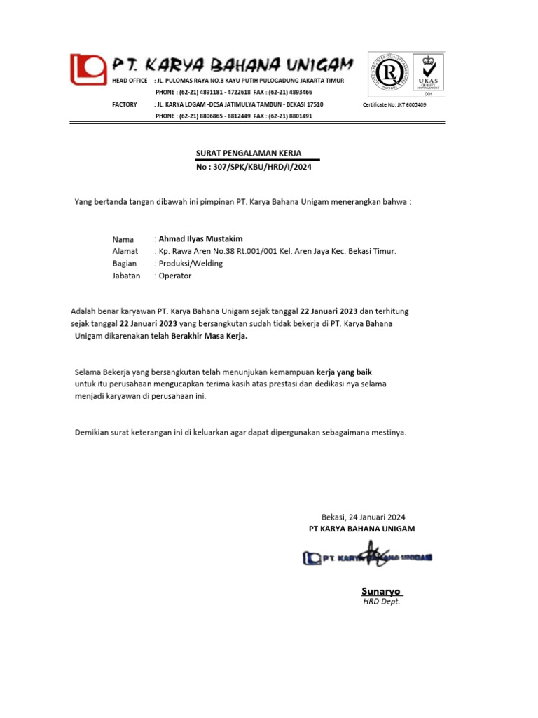 Surat Pengalaman Kerja PT Karya Bahana Unigam | PDF