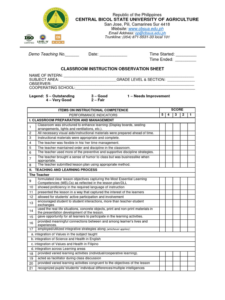 Face-to-face-CLASSROOM-INSTRUCTIONAL-OBSERVATION-SHEET-1 | PDF