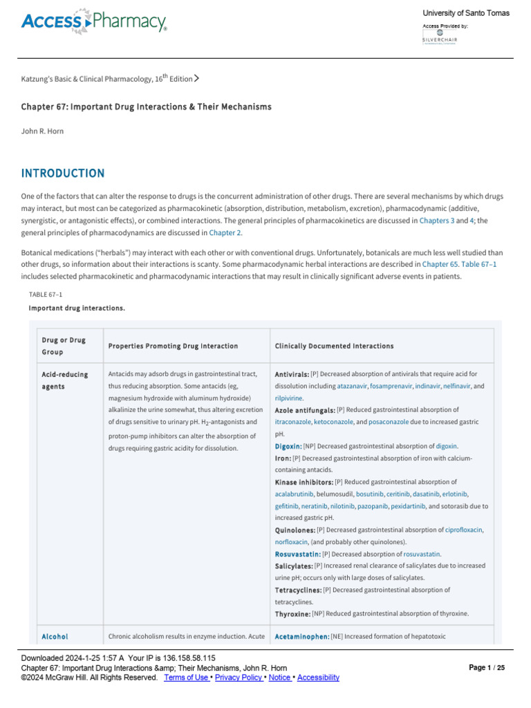 Chapter 67 - Important Drug Interactions & Amp Their Mechanisms | PDF