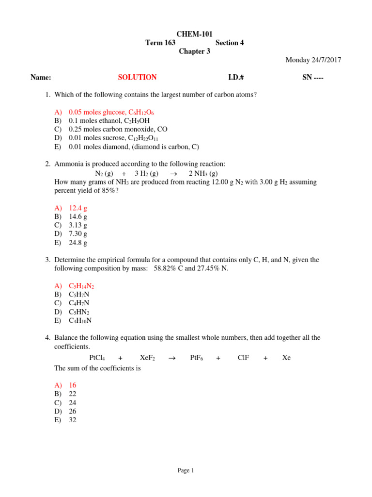 Chem 101 Chpater 3 Quizzes Solutions Pdf Mole Unit Chemical
