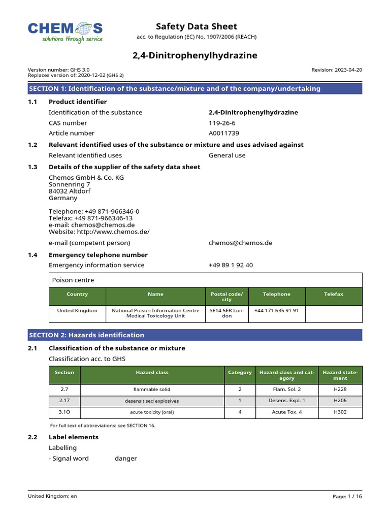 2,4-Dinitrophenylhydrazine Safety Data | PDF | Dangerous Goods | Combustion