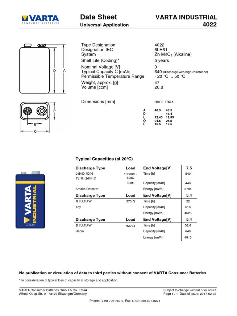 Datasheet Varta Industrial 9V PDF Battery (Electricity) Electricity