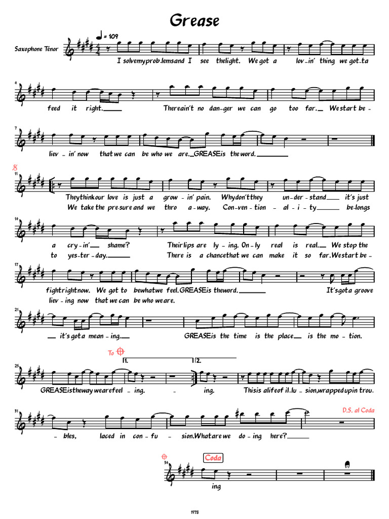 Grease Saxophone Sheet Music | PDF