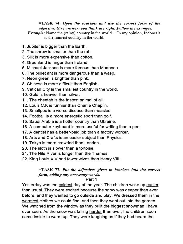 Adjective Comparison Exercises and Examples | PDF