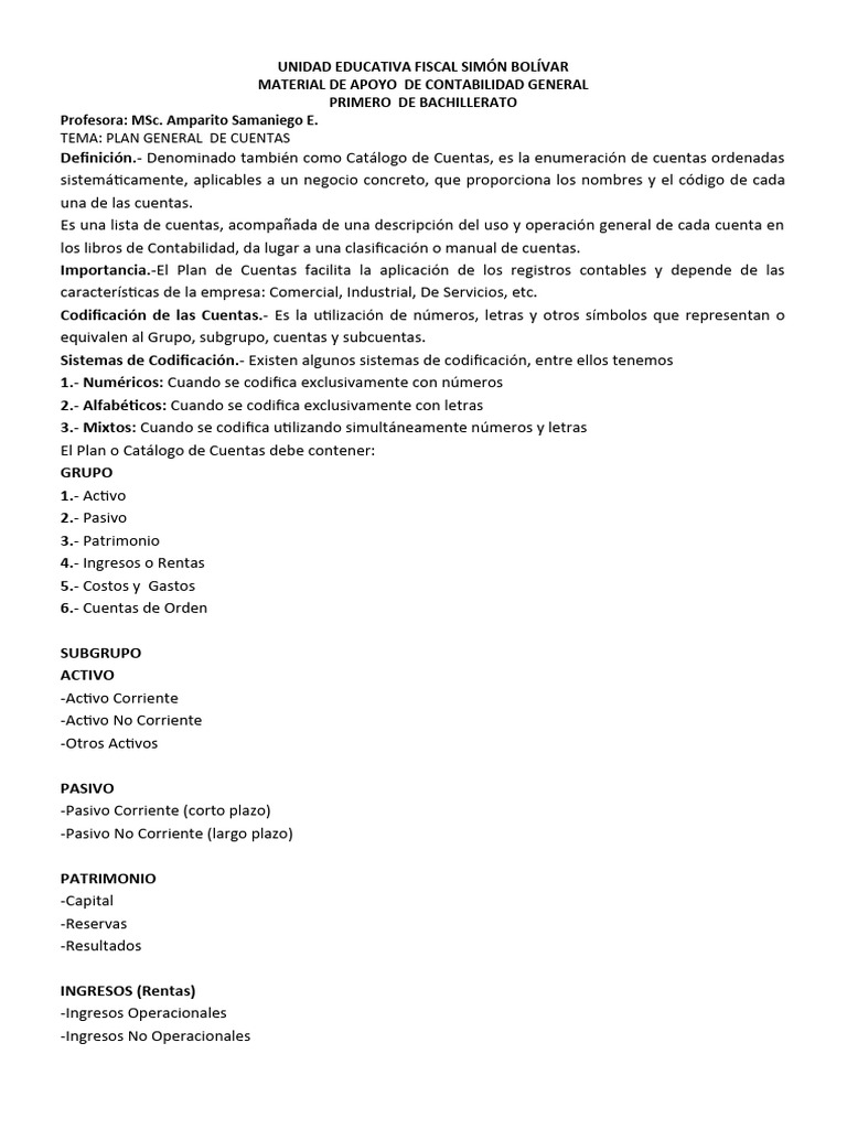 Plan General de Cuentas en Contabilidad | PDF | Contabilidad | Estado ...