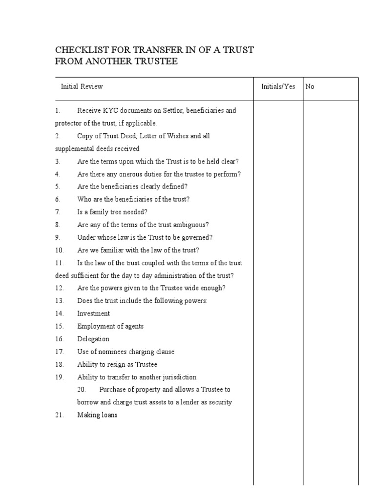 Trust Transfer Checklist for Trustees | PDF | Finance & Money Management