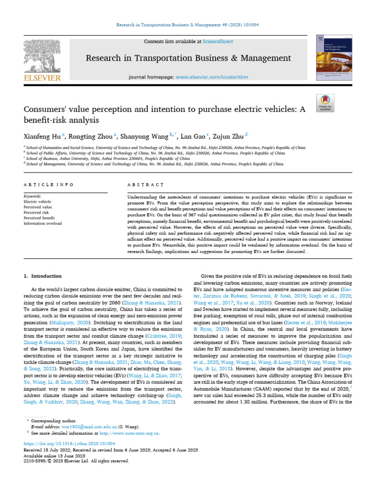 Consumers' Value Perception and Intention To Purchase Electric Vehicles ...