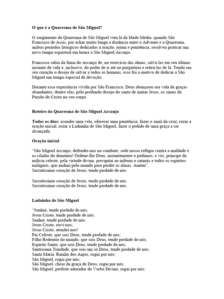 O Que é A Quaresma De São Miguel Pdf Miguel Arcanjo Oração
