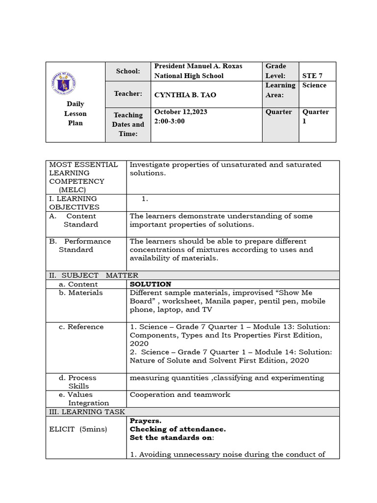 Daily-Lesson-Plan-Template-for-Secondary-Science CO 1 | PDF | Mixture ...