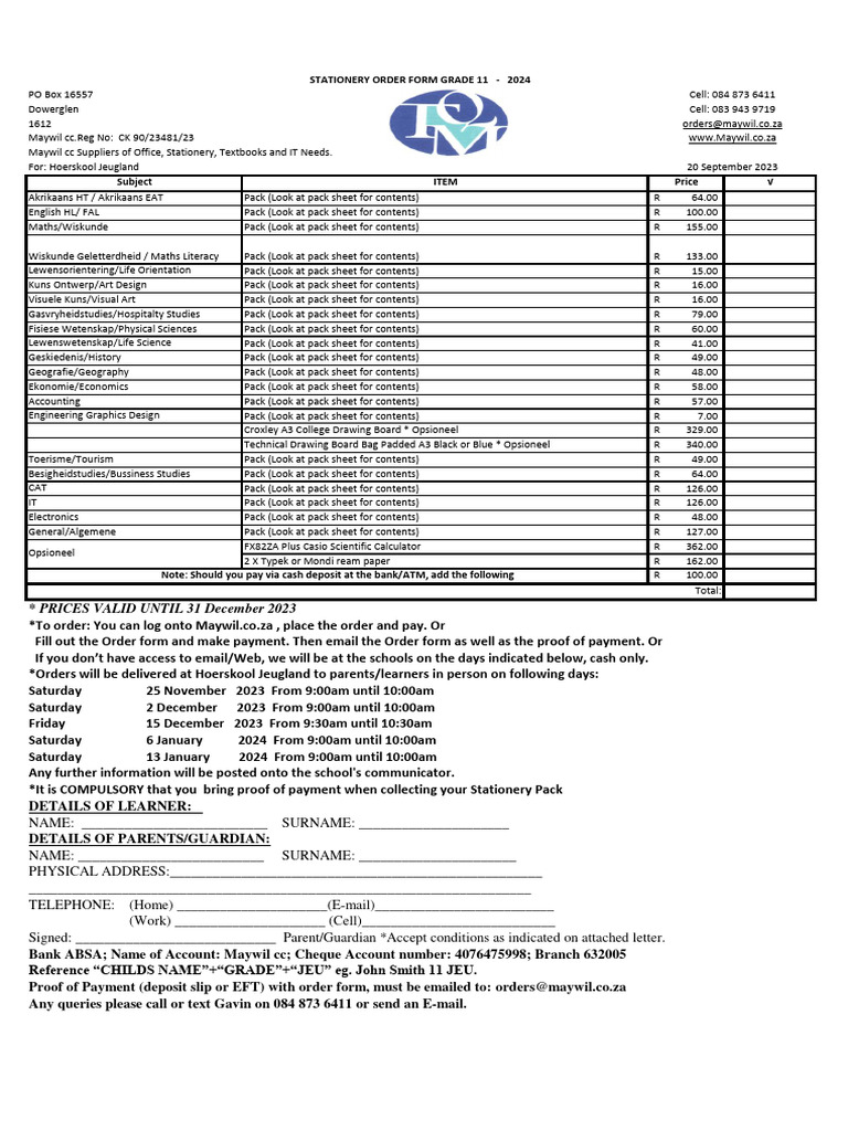 2024 GR 11 Stationery List and Supplier Order Form PDF Textbook